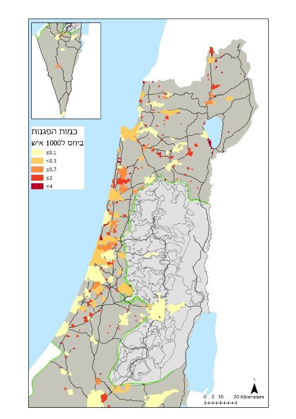 כמות מוקדי ההפגנות ביחס לגודל האוכלסייה בישוב