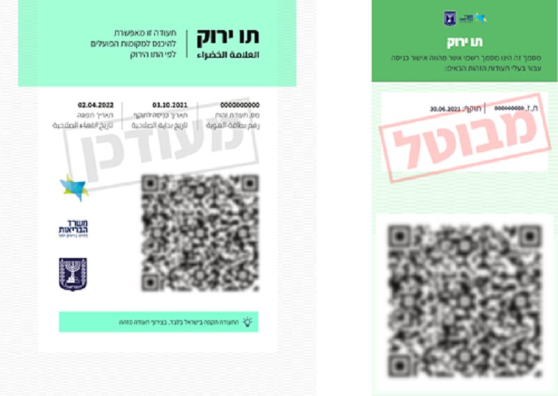 התו הירוק החדש לעומת התו המבוטל (מאתר משרד הבריאות)