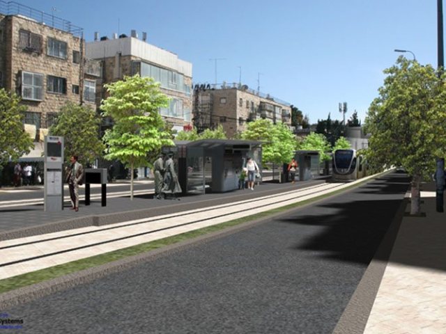 הדמיית הקו הירוק של הרכבת הקלה בצומת בר אילן. (הדמיה: באדיבות צוות אב לתחבורה ירושלים